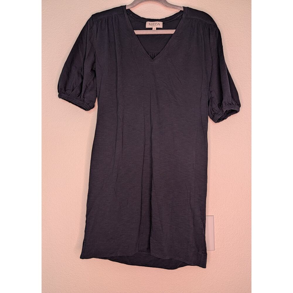 Nation Los Angeles Navy Blue 100% Pima Cotton Dress XS Chic Puff Sleeves Boho